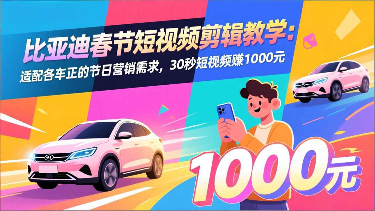 比亚迪春节短视频剪辑教学：适配各车企的节日营销需求，30秒短视频赚1000元-铜臭网