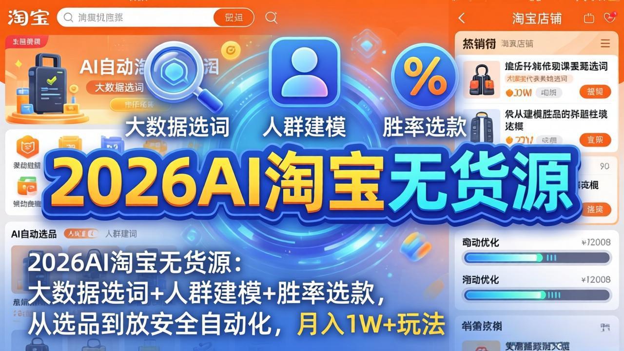 2026AI淘宝无货源：大数据选词+人群建模+胜率选款，从选品到放大全自动化，月入1W+玩法-铜臭网