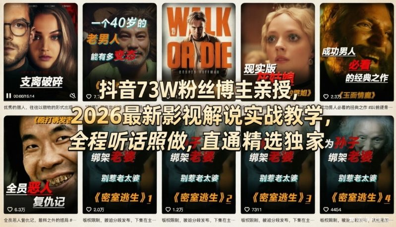 抖音73W粉丝博主亲授,2026最新影视解说实战教学,全程听话照做,直通精选独家-铜臭网