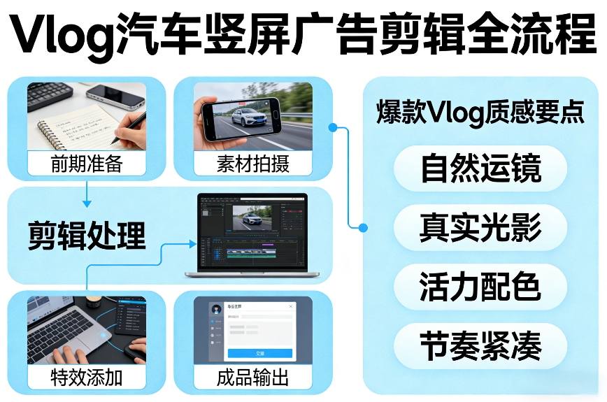 Vlog感觉汽车竖屏广告剪辑脚本全流程，拿捏爆款Vlog质感-铜臭网