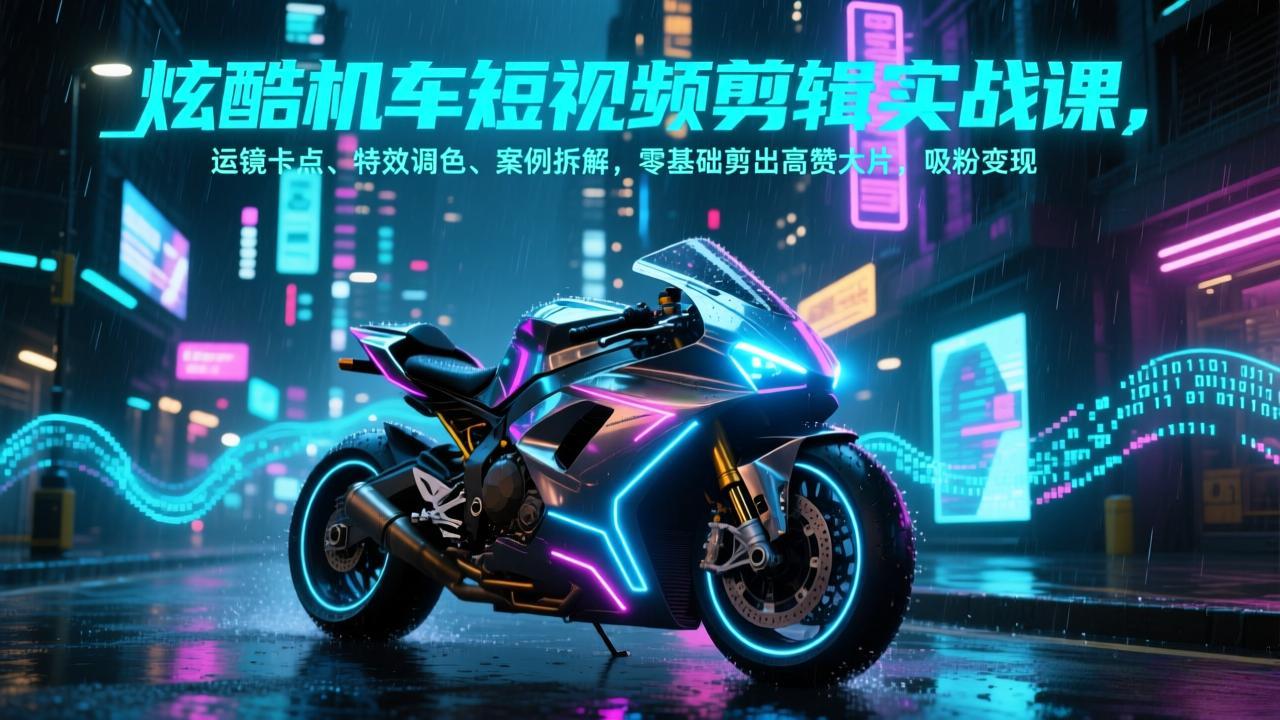 炫酷机车短视频剪辑实战课，运镜卡点、特效调色、案例拆解，零基础剪出高赞大片，吸粉变现-铜臭网