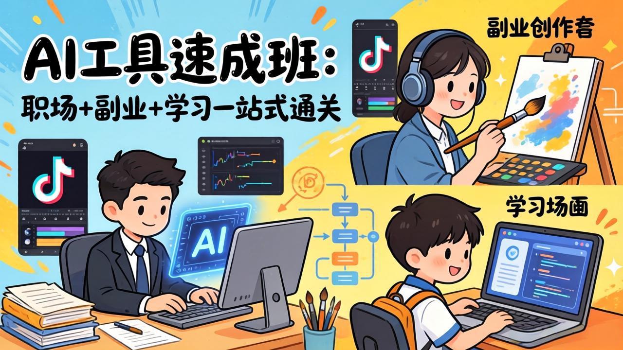 AI工具速成班：职场+副业+学习一站式通关，20+爆款类型+剪映技巧+抖音算法，0基础快速上手-铜臭网