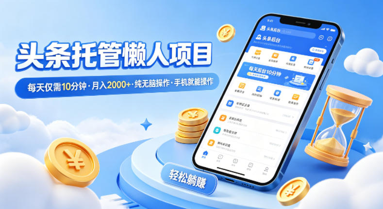 头条托管懒人项目，每天仅需10分钟，月入2000+，纯无脑操作，手机就能操作【揭秘】-铜臭网