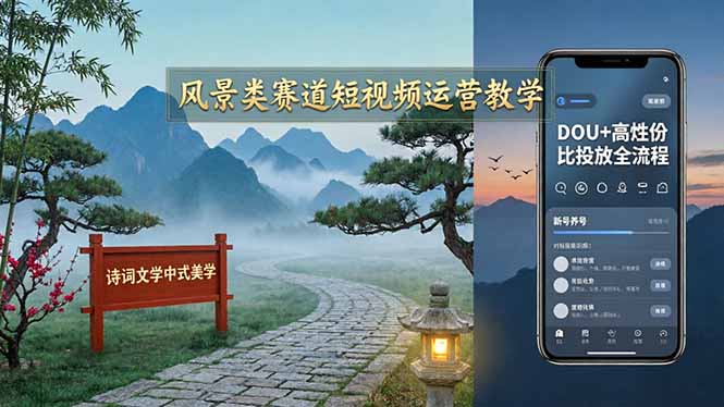 风景类赛道短视频运营教学：诗词文学中式美学，新号养号对标账号定位，DOU+高性价比投放全流程-铜臭网