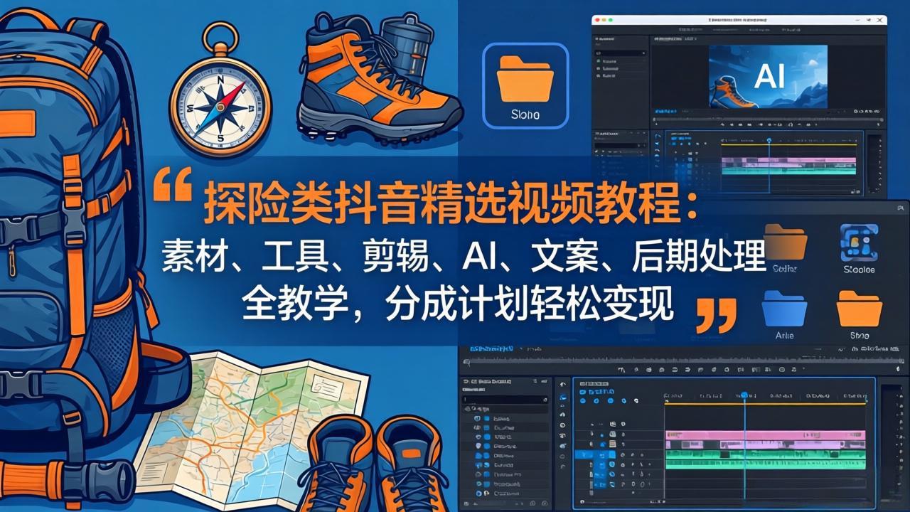 探险类抖音精选视频教程：素材、工具、剪辑、AI、文案、后期处理全教学，分成计划轻松变现-铜臭网