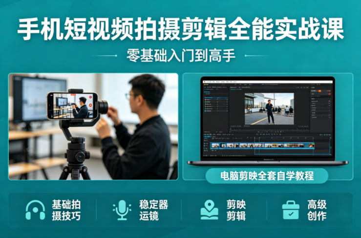 手机短视频拍摄剪辑全能实战课：零基础入门到高手，稳定器运镜+电脑剪映全套自学教程-铜臭网