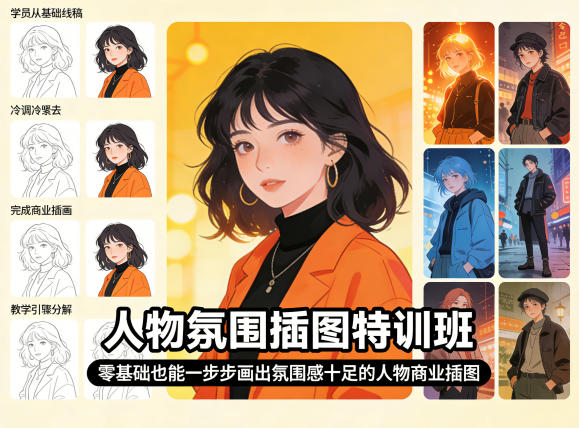 人物氛围插图特训班，零基础也能一步步画出氛围感十足的人物商业插图-铜臭网