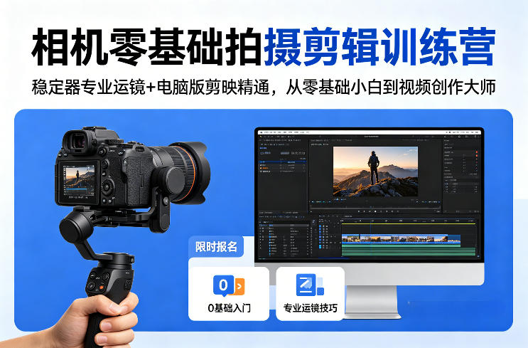 相机零基础拍摄剪辑训练营：稳定器专业运镜+电脑版剪映精通，从零基础小白到视频创作大师-铜臭网