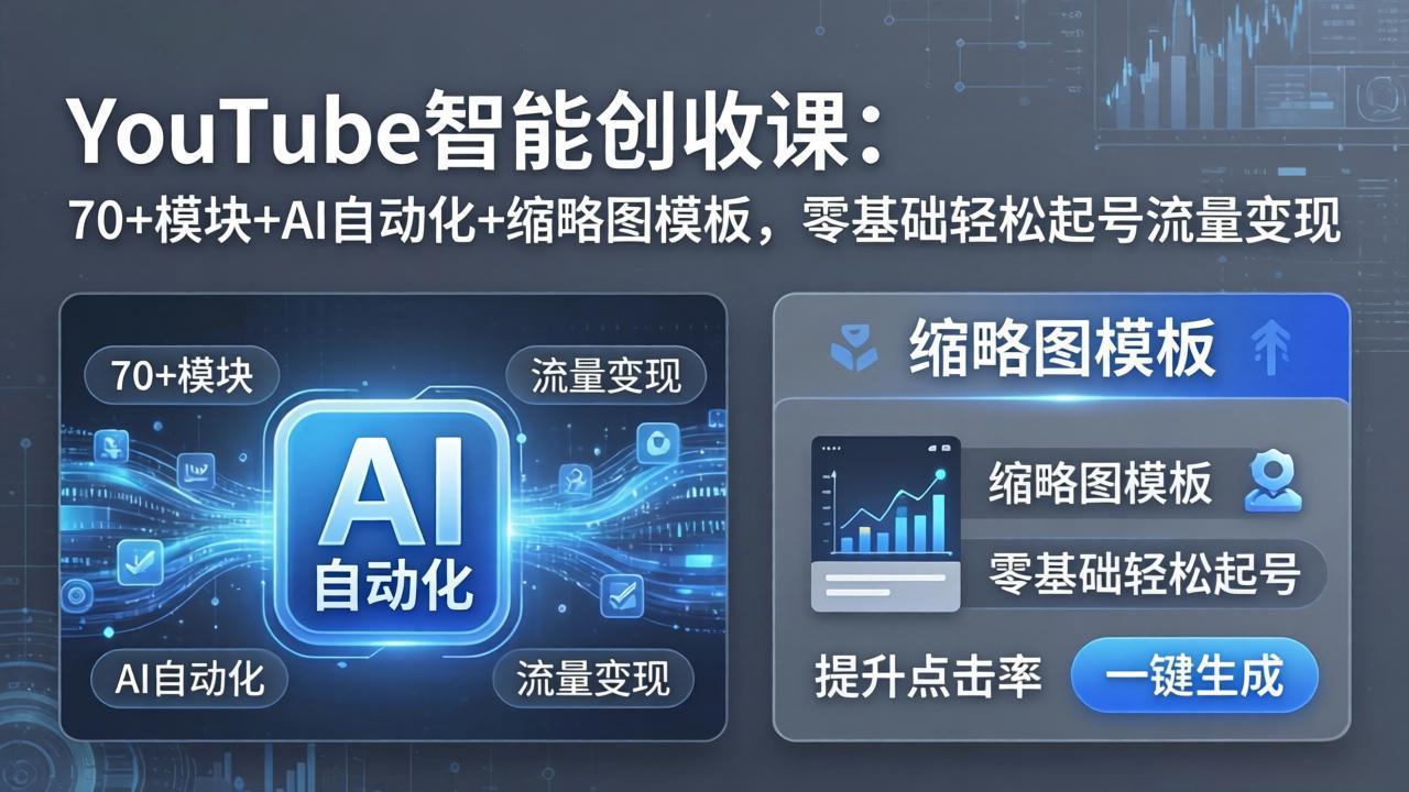 YouTube智能创收课：70+模块+AI自动化+缩略图模板，零基础轻松起号流量变现-铜臭网