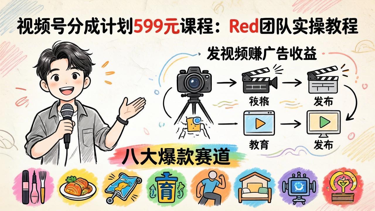 视频号分成计划599元课程：Red团队实操教程，发视频赚广告收益，八大爆款赛道全掌握-铜臭网