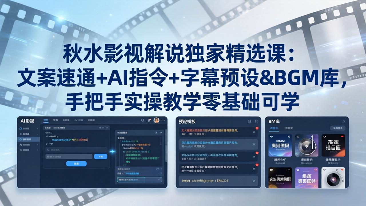 秋水影视解说独家精选课：文案速通+AI指令+字幕预设+BGM库，手把手实操教学零基础可学-铜臭网