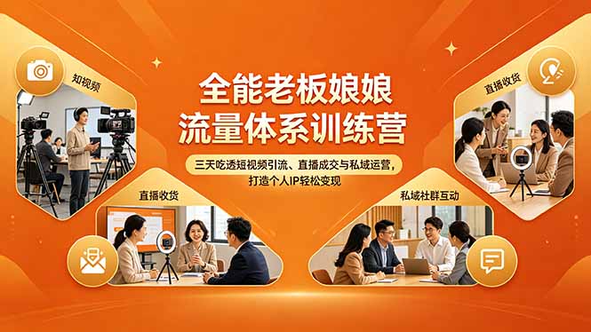 全能老板娘流量体系训练营，三天吃透短视频引流、直播成交与私域运营，打造个人IP轻松变现-铜臭网