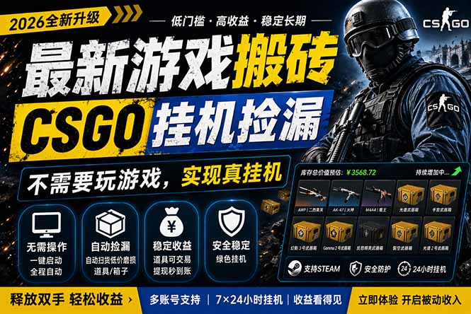 最新游戏搬砖,CSGO纯挂机,不需要玩游戏,实现真挂机,月入1W+,五一小高峰上车可吃肉,...-铜臭网