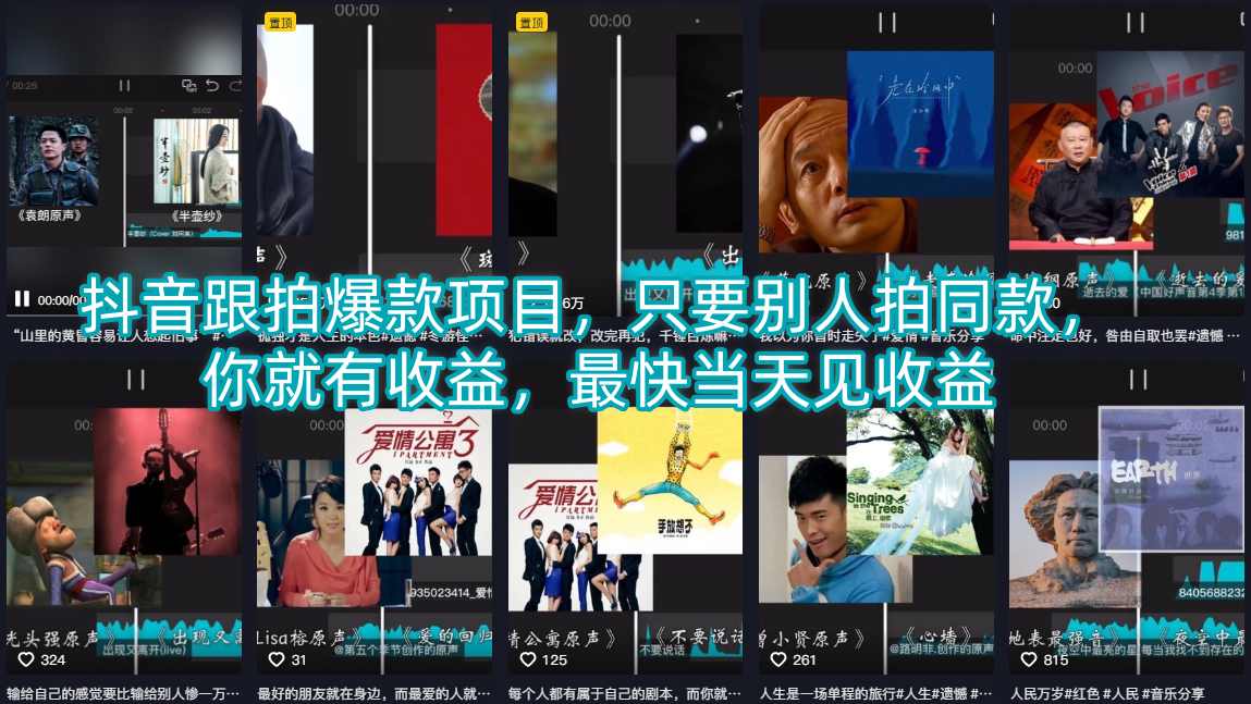 抖音跟拍爆款项目，只要别人拍同款，你就有收益，最快当天见收益-铜臭网