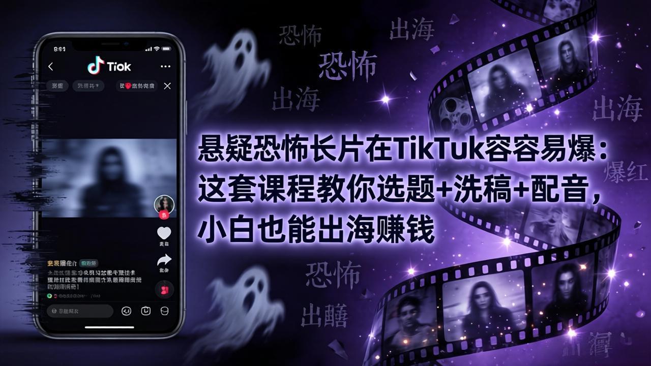 悬疑恐怖长片在TikTok最容易爆：这套课程教你选题+洗稿+配音，小白也能出海赚钱-铜臭网