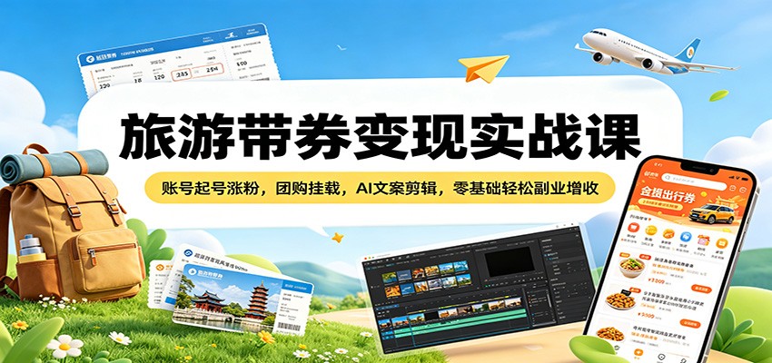 旅游带券变现实战课：账号起号涨粉，团购挂载，AI文案剪辑，零基础轻松副业增收-铜臭网