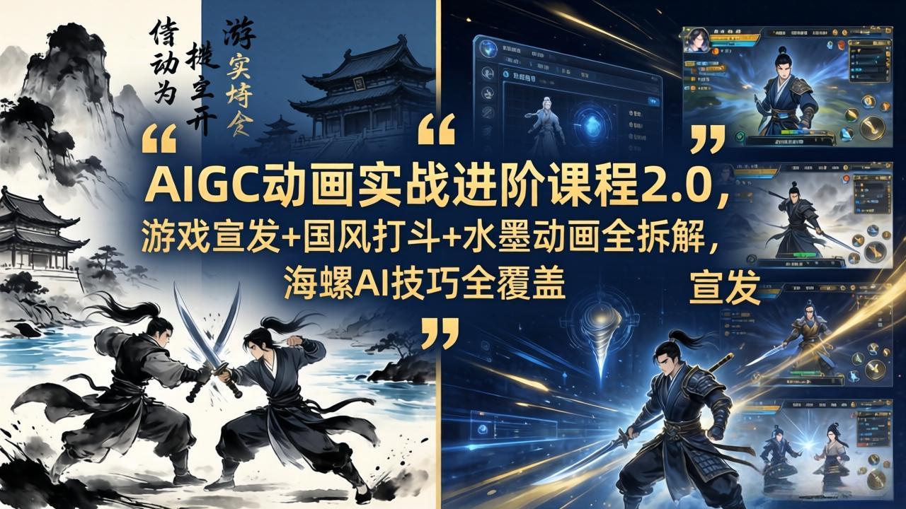 AIGC动画实战进阶课程2.0，游戏宣发+国风打斗+水墨动画全拆解，海螺AI技巧全覆盖-铜臭网