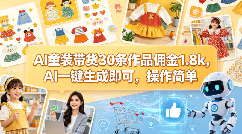 AI童装带货30条作品佣金1.8k，AI一键生成即可，操作简单-铜臭网