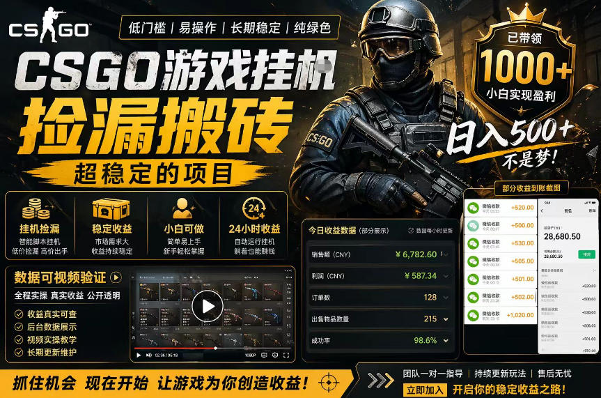 CSGO游戏搬砖,全自动挂G,不需要玩游戏,手机操作日入300+,解放双手【揭秘】-铜臭网