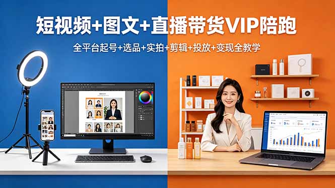 短视频+图文+直播带货VIP陪跑，全平台起号+选品+实拍+剪辑+投放+变现全教学-铜臭网