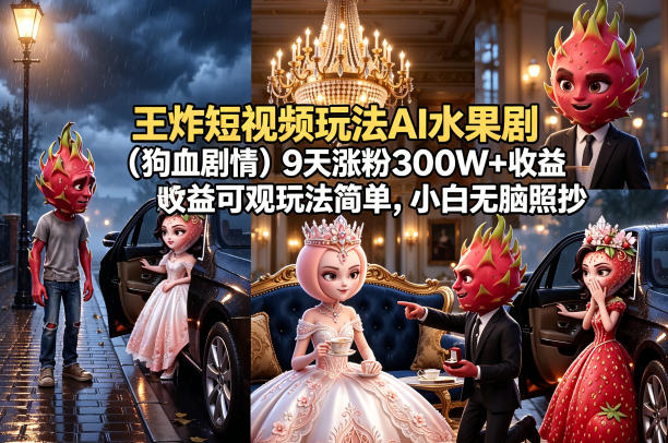 王炸短视频玩法AI水果剧(狗血剧情)9天涨粉300W+收益可观玩法简单，小白无脑照抄，详细拆解玩法-铜臭网