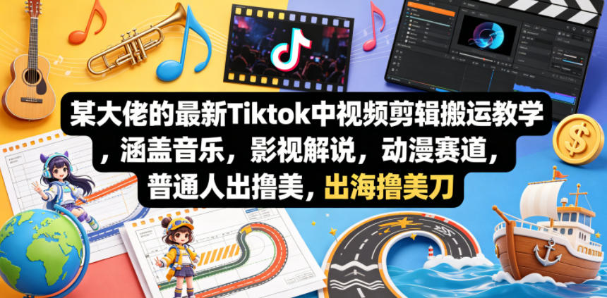 某大佬的最新Tiktok中视频剪辑搬运教学，涵盖音乐，影视解说，动漫赛道，普通人出海撸美刀-铜臭网