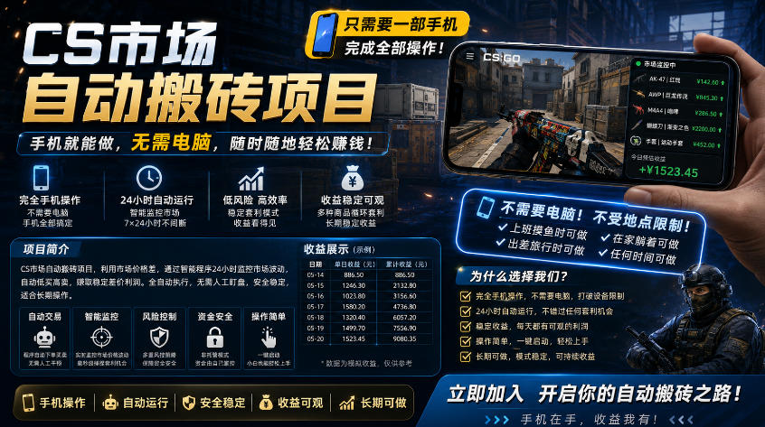 手机即可操作的CS市场自动搬砖系统｜自动监控｜自动下单|日入300+【揭秘】-铜臭网