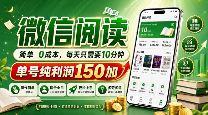 最新微信阅读,每日10分钟,单号利润150+,可批量放大操作,简单0成本-铜臭网