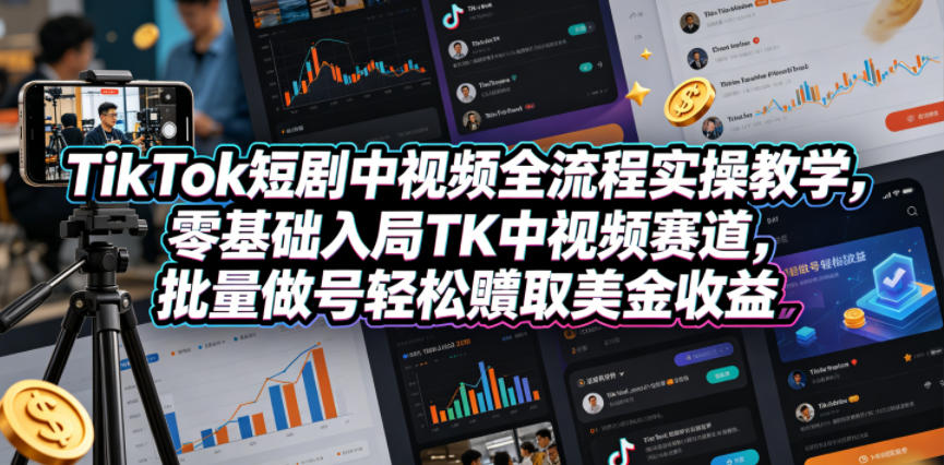 TikTok短剧中视频全流程实操教学,零基础入局TK中视频赛道,批量做号轻松賺取美金收益-铜臭网
