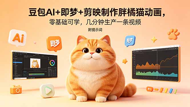 豆包AI+即梦+剪映制作胖橘猫动画，零基础可学，几分钟生产一条视频，附提示词-铜臭网