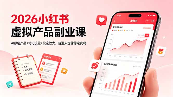 2026小红书虚拟产品副业课，AI原创产品+笔记流量+投流放大，普通人也能稳定变现-铜臭网