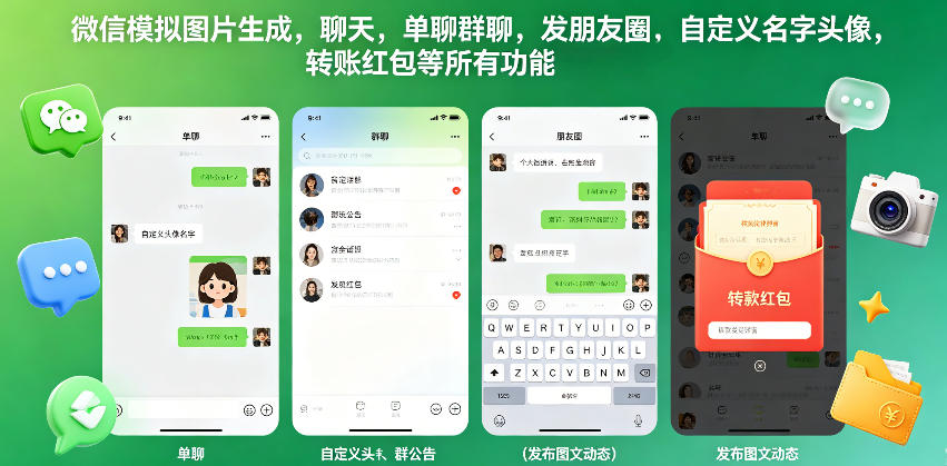 微信模拟图片生成,聊天,单聊群聊,发朋友圈,自定义名字头像,转账红包等所有功能都可以生成-铜臭网