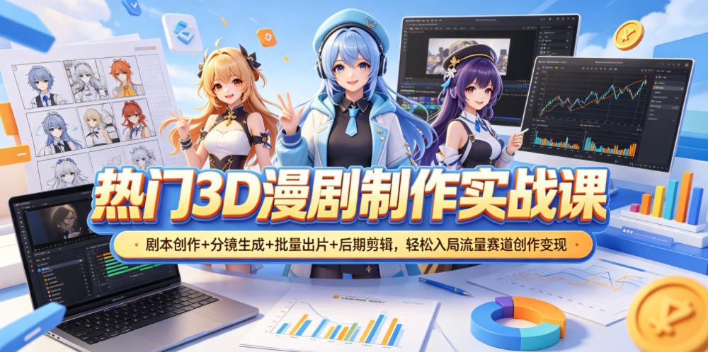 热门3D漫剧制作实战课,剧本创作+分镜生成+批量出片+后期剪辑,轻松入局流量赛道创作变现-铜臭网