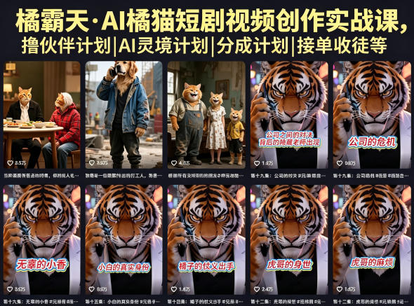 橘霸天·AI橘猫短剧视频创作实战课,撸伙伴计划|AI灵境计划|分成计划|接单收徒等-铜臭网