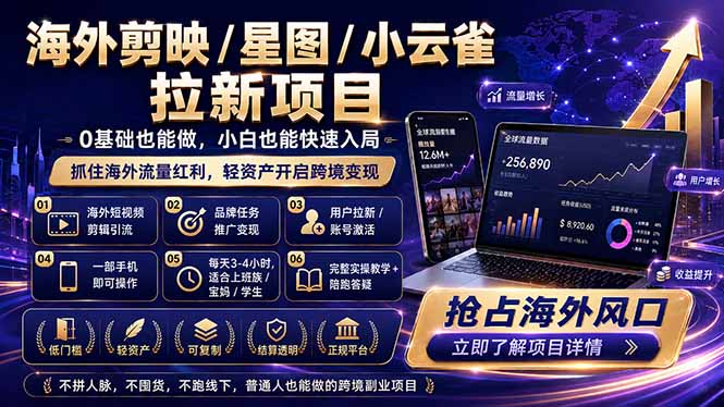 海外剪映 / 星图 / 小云雀拉新项目 普通人也能上手的跨境流量变现副业-铜臭网