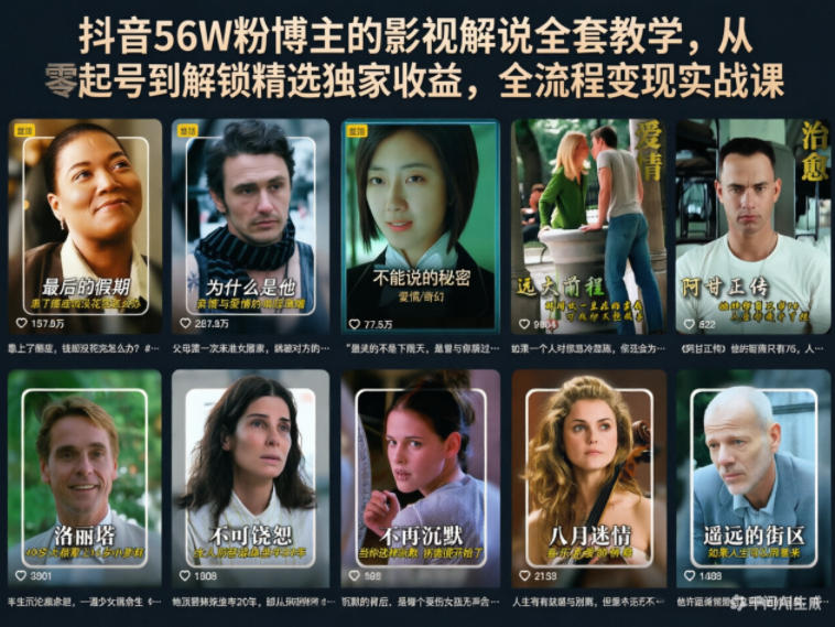 抖音56W粉博主的影视解说全套教学,从零起号到解锁精选独家收益,全流程变现实战课-铜臭网