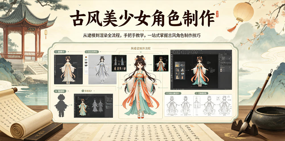 古风美少女角色制作，从建模到渲染全流程，手把手教学，一站式掌握古风角色制作技巧-铜臭网