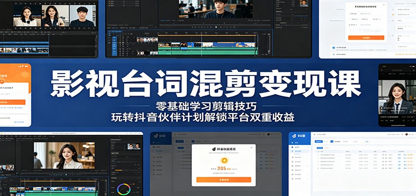影视台词混剪变现课：零基础学习剪辑技巧，玩转抖音伙伴计划解锁平台双重收益-铜臭网