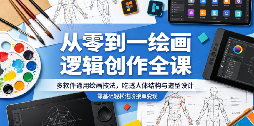 从零到一绘画逻辑创作全课，多软件通用绘画技法，吃透人体结构与造型设计，零基础轻松进阶接单变现-铜臭网