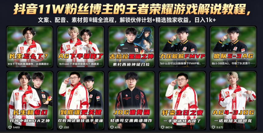 抖音11W粉丝博主的王者荣耀游戏解说教程，文案、配音、素材剪辑全流程，解锁伙伴计划+精选独家收益，日入1k+-铜臭网