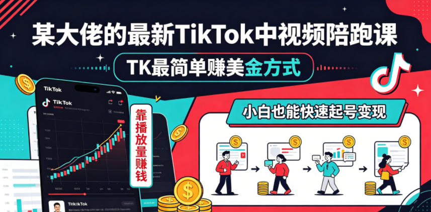 某大佬的最新TikTok中视频陪跑课，TK最简单賺美金方式，靠播放量賺钱，小白也能快速起号变现-铜臭网