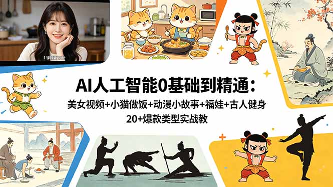 AI人工智能0基础到精通：美女视频+小猫做饭+动漫小故事+福娃+古人健身，20+爆款类型实战教学-铜臭网