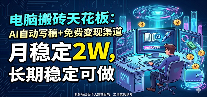 电脑搬砖天花板：AI自动写稿+免费变现渠道，月稳定2W，长期稳定可做-铜臭网