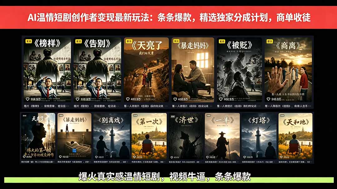 AI温情短剧创作者变现最新玩法:视频牛逼,条条爆款,精选独家分成计划,商单收徒-铜臭网