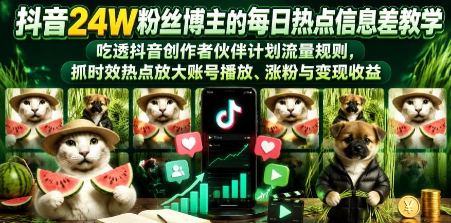 抖音24W粉丝博主的每日热点信息差教学，吃透创作者伙伴计划流量规则，抓时效热点放大账号播放、涨粉与变现收益-铜臭网