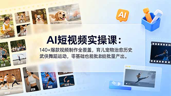AI短视频实操课：140+爆款视频制作全覆盖，育儿宠物治愈历史武侠舞蹈运动，零基础也能批量产出-铜臭网