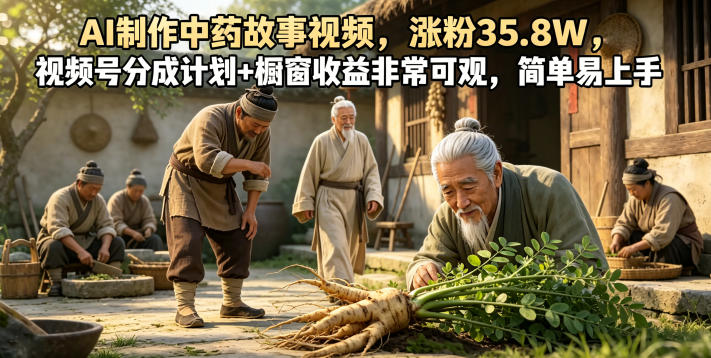 AI制作中药故事视频，涨粉35.8W，视频号分成计划+橱窗收益非常可观，简单易上手-铜臭网