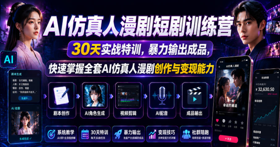 AI仿真人漫剧短剧训练营,30天实战特训,暴力输出成品,快速掌握全套AI仿真人漫剧创作与变现能力-铜臭网