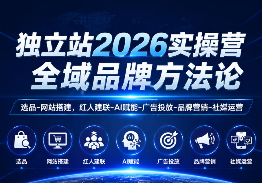 独立站2026实操营,全域品牌方法论,选品-网站搭建,红人建联-AI赋能-广告投放-品牌营销-社煤运营-铜臭网
