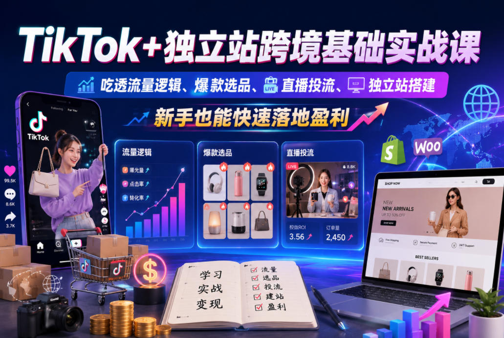 TikTok+独立站跨境基础实战课，吃透流量逻辑、爆款选品、直播投流与独立站搭建，新手也能快速落地盈利-铜臭网
